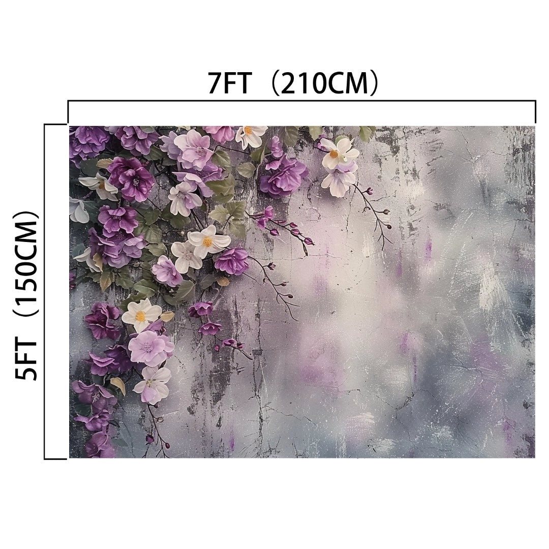 A Purple Lilac Blooming Wall Flower Backdrop -ideasbackdrop measuring 7 feet (210 cm) by 5 feet (150 cm) featuring a floral masterpiece of purple and white flowers on the left side, set against a textured gray background.