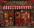 The exterior of this quaint shop exudes elegance with its red-striped awning, charming heart decorations, teddy bears, and vibrant red roses around the storefront. The door, featuring a heart-shaped window, serves as an ideasbackdrop Red Rose Floral Brick Wall Door Backdrop-ideasbackdrop against the ground dotted with rose petals.
