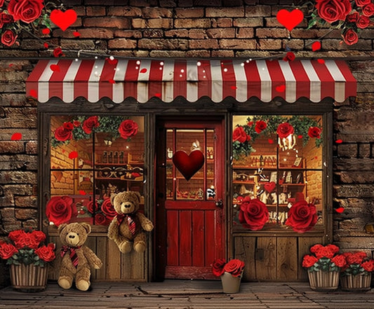 The exterior of this quaint shop exudes elegance with its red-striped awning, charming heart decorations, teddy bears, and vibrant red roses around the storefront. The door, featuring a heart-shaped window, serves as an ideasbackdrop Red Rose Floral Brick Wall Door Backdrop-ideasbackdrop against the ground dotted with rose petals.