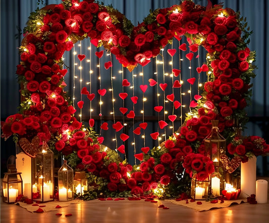 A heart-shaped arrangement of lifelike red roses is illuminated by strings of lights and red heart decorations. Candle-lit lanterns are placed around the setup, creating a romantic ambiance, enhanced by a Red Rose Heart Arch Photography Backdrop from ideasbackdrop that adds depth and charm to the scene.