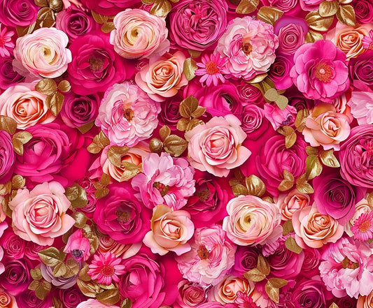 A dense arrangement of pink, red, and peach roses mixed with gold leaves, displaying vibrant colors and intricate petal details, creates a stunning HD floral backdrop that's easy to install - the Red Rose Spring Mother's Day Floral Backdrop by ideasbackdrop.