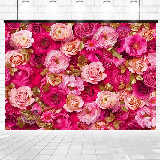 A Red Rose Spring Mother's Day Floral Backdrop -ideasbackdrop filled with pink and peach roses and golden leaves against a white tiled floor and wall, creating a stunning floral paradise.