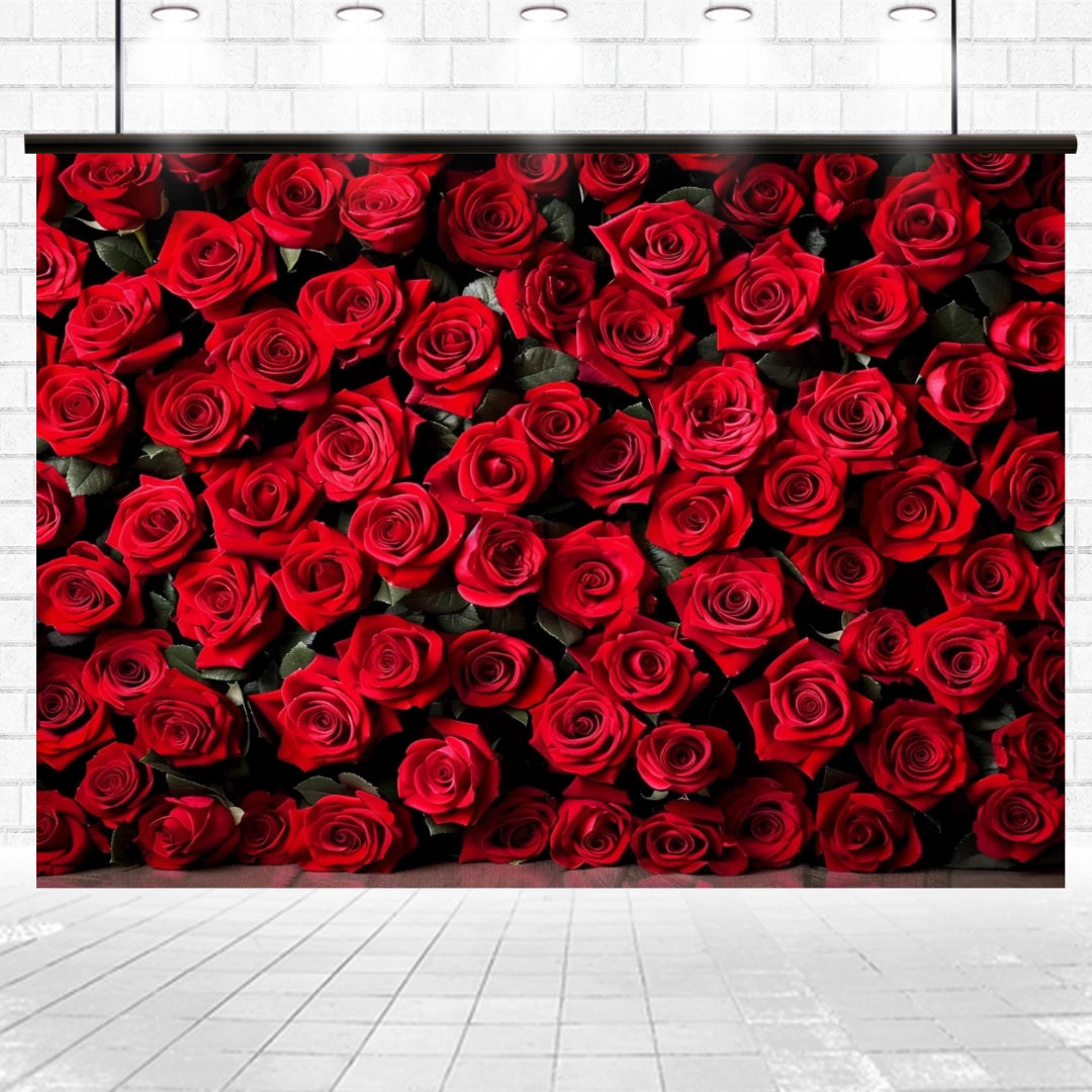 A DIY photo booth featuring the Red Rose Floral Valentines Wedding Shower Flower Backdrop -ideasbackdrop by ideasbackdrop is displayed against a white-tiled wall under ceiling lights.