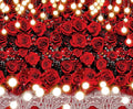 A background of densely packed red roses is adorned with hanging, glowing string lights and lace trim at the bottom, creating a Red Rose White Lace Flower Wedding Backdrop-ideasbackdrop that exudes high-definition beauty by ideasbackdrop.