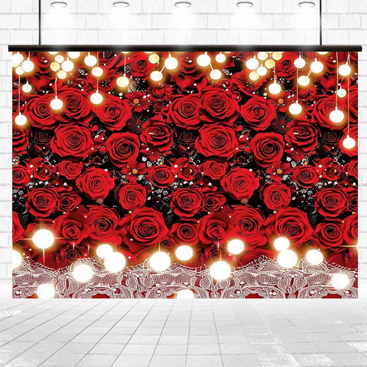A high-definition beauty, this backdrop features numerous red roses and small lights creating a sparkling effect, with white lace patterns at the bottom. Perfect as an ideasbackdrop Red Rose White Lace Flower Wedding Backdrop-ideasbackdrop, it adds elegance to any celebration.