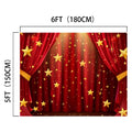 A red curtain backdrop with gold stars, measuring 6 feet (180 cm) wide by 5 feet (150 cm) tall, perfect for photography props and stage backdrops. Introducing the Music Concert Stage Spotlight Backdrop Photography Theater Background Perfect for Prom Birthday Carnival Studio Live Shows by ideasbackdrop.
