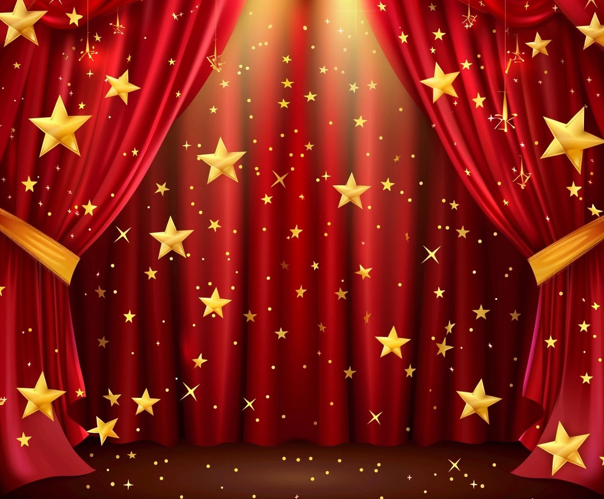 Red theater curtains with gold stars and sparkles, illuminated by stage lights, creating the perfect theater backdrop for a stunning photo studio photography session with the ideasbackdrop Music Concert Stage Spotlight Backdrop Photography Theater Background Perfect for Prom Birthday Carnival Studio Live Shows.