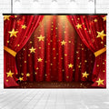 Red stage curtains adorned with golden stars hang in front of a spotlight-lit Music Concert Stage Spotlight Backdrop Photography Theater Background Perfect for Prom Birthday Carnival Studio Live Shows by ideasbackdrop, set in a room with a tiled floor.