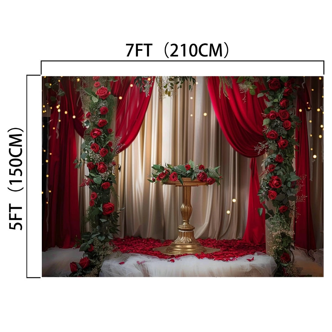 A decorated space measuring 7 feet by 5 feet features a gold pedestal surrounded by red and green floral arrangements, draped with red and white curtains and string lights, creating the perfect Red Floral Wedding Bridal Shower Backdrop - ideasbackdrop from ideasbackdrop.