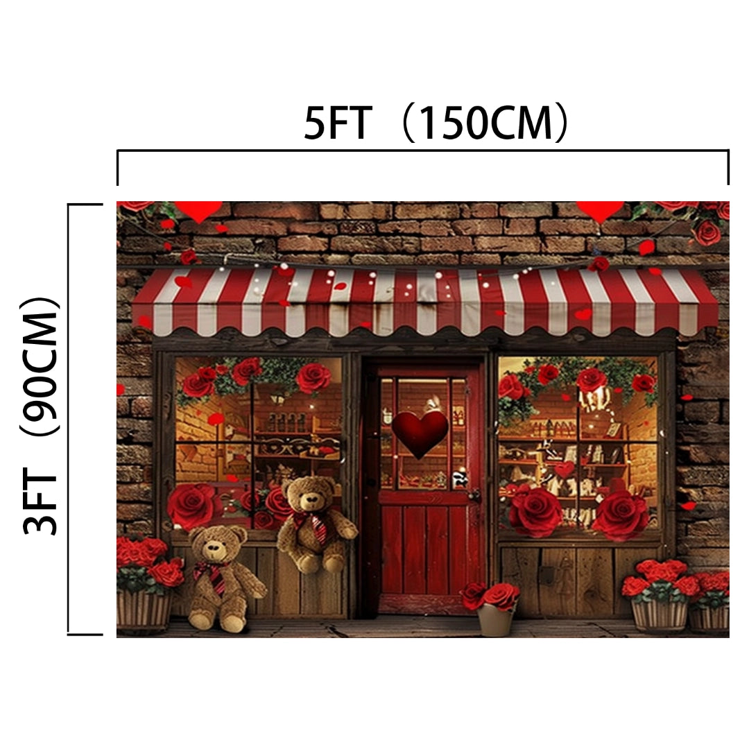 A brick storefront with a striped awning, adorned with elegant decor including roses and teddy bears. This durable Red Rose Floral Brick Wall Door Backdrop-ideasbackdrop by ideasbackdrop measures 5ft (150cm) wide and 3ft (90cm) tall.