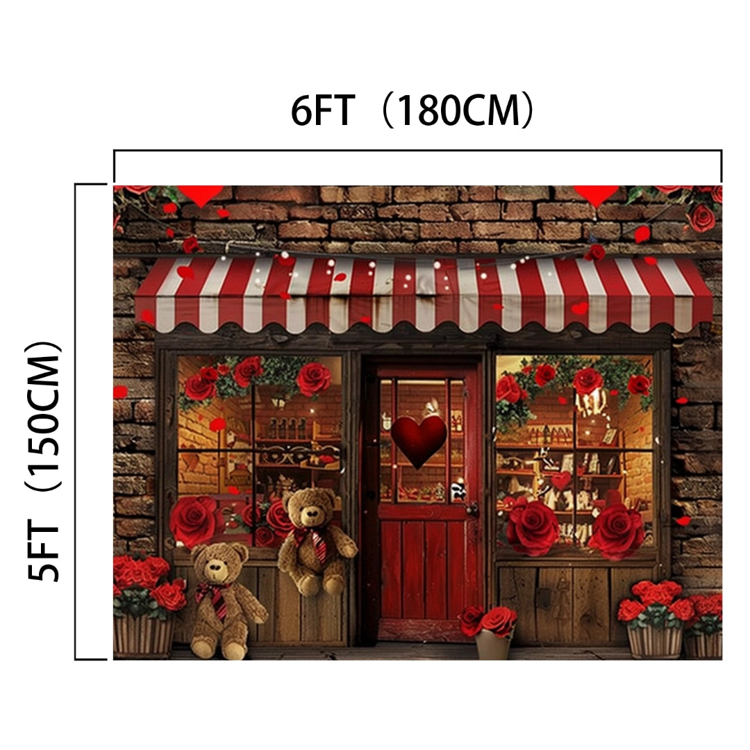 A storefront with a Red Rose Floral Brick Wall Door Backdrop-ideasbackdrop, featuring a red and white striped awning adorned with teddy bears, red roses, and heart-shaped decorations. The dimensions are labeled as 6 feet (180 cm) in width and 5 feet (150 cm) in height for an elegant decor.