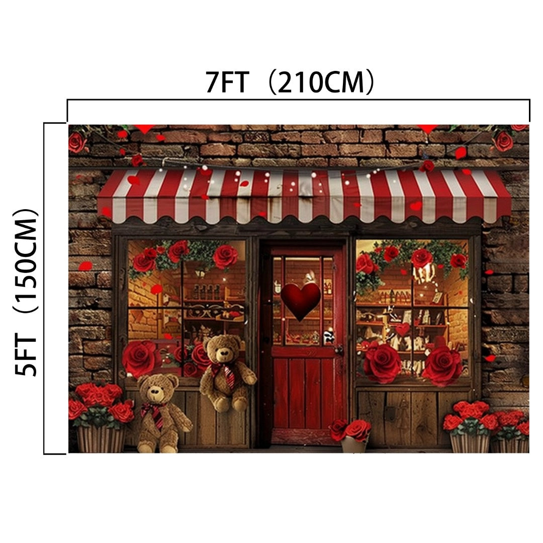 Photo of a small storefront decorated with red and white-striped awnings and teddy bears. The elegant decor includes potted red roses and heart-shaped accents on the door and windows, all captured in a Red Rose Floral Brick Wall Door Backdrop-ideasbackdrop by ideasbackdrop. Dimensions are labeled 7ft by 5ft.