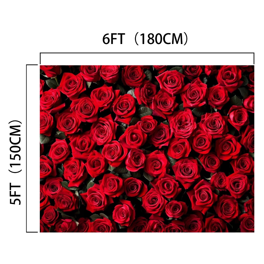 An arrangement of red roses measuring 6 feet (180 cm) wide and 5 feet (150 cm) tall, providing an exquisite floral backdrop ideal for any DIY photo booth, such as the Red Rose Floral Valentines Wedding Shower Flower Backdrop - ideasbackdrop by ideasbackdrop.