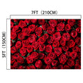 A dense arrangement of red roses covering an area of 7 feet by 5 feet, with dimensions labeled in feet and centimeters, perfect for a DIY photo booth or as a floral backdrop offering a professional touch—introducing the Red Rose Floral Valentines Wedding Shower Flower Backdrop by ideasbackdrop.