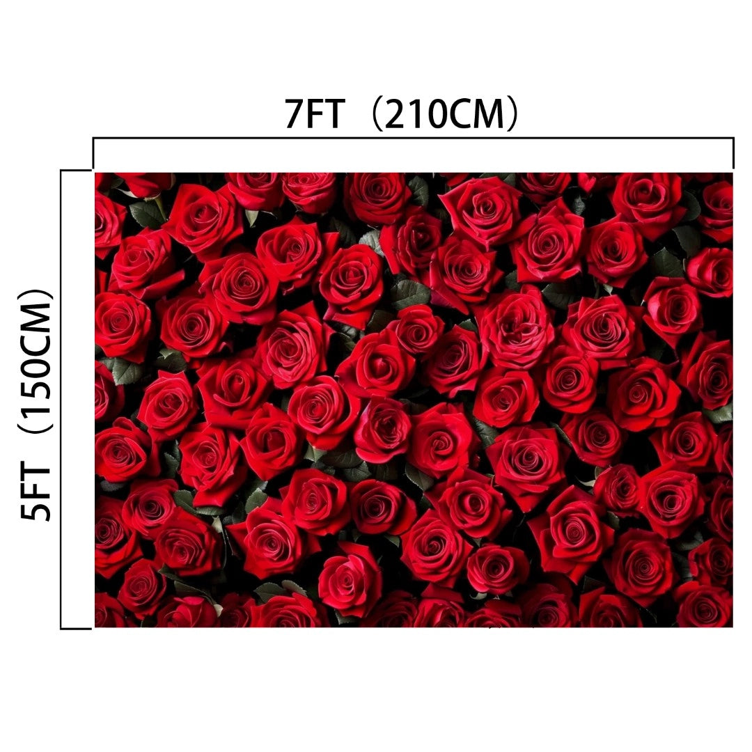 A dense arrangement of red roses covering an area of 7 feet by 5 feet, with dimensions labeled in feet and centimeters, perfect for a DIY photo booth or as a floral backdrop offering a professional touch—introducing the Red Rose Floral Valentines Wedding Shower Flower Backdrop by ideasbackdrop.