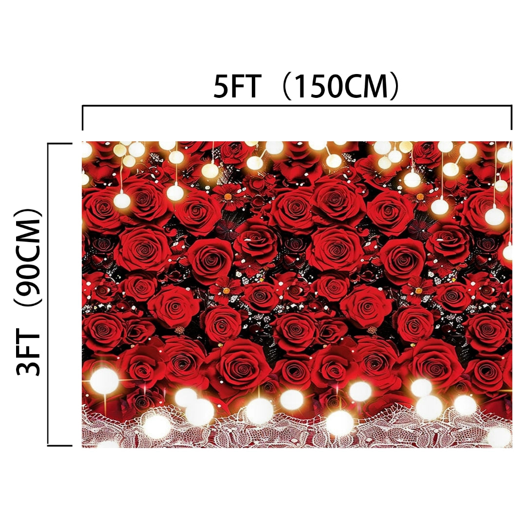 Backdrop featuring a pattern of red roses and hanging string lights, measuring 5 feet (150 cm) in width and 3 feet (90 cm) in height. This Red Rose White Lace Flower Wedding Backdrop-ideasbackdrop captures the high-definition beauty perfect for wedding celebrations.