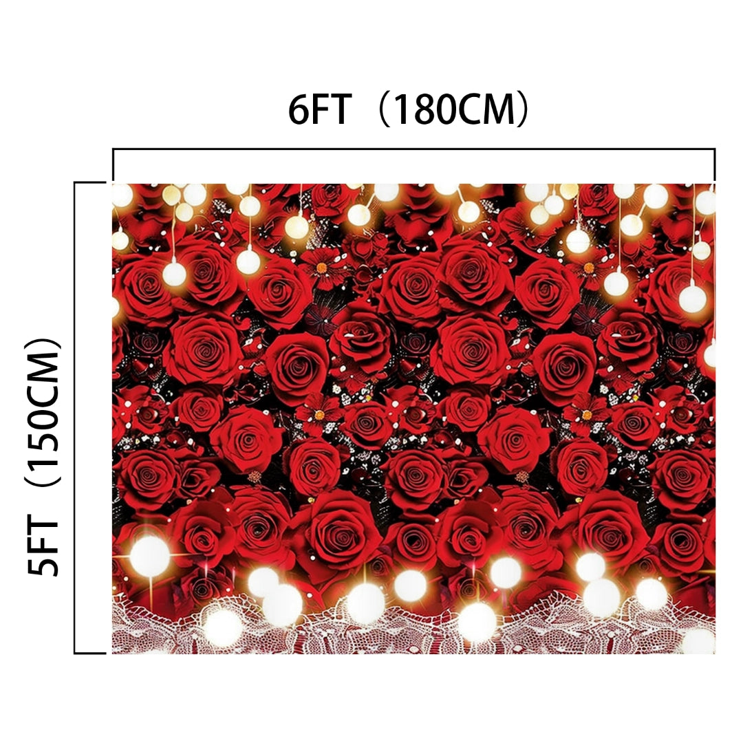 A 6ft by 5ft wedding backdrop featuring a dense pattern of red roses with decorative lights and lace at the bottom, creating a Red Rose White Lace Flower Wedding Backdrop-ideasbackdrop that captures high-definition beauty.