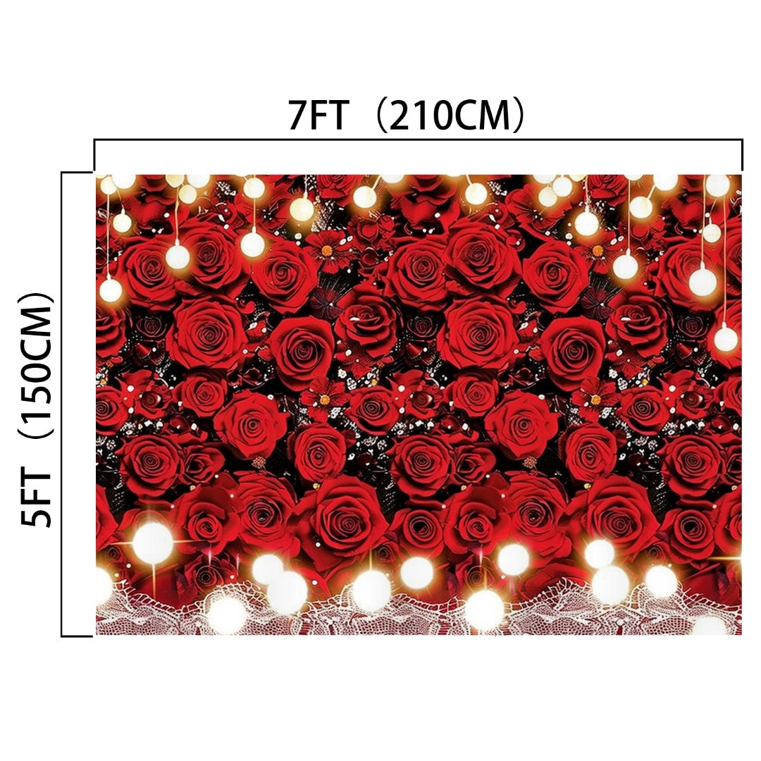 Backdrop featuring a pattern of red roses and hanging string lights, measuring 5 feet (150 cm) in width and 7 feet (210 cm) in height. This Red Rose White Lace Flower Wedding Backdrop-ideasbackdrop captures the high-definition beauty perfect for wedding celebrations.