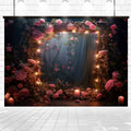 A **Romantic Bridal Shower Flower Backdrop -ideasbackdrop** stands against a white brick wall, surrounded by scattered candles and flowers, creating an enchanting wedding decor.