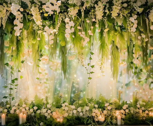 A lush green and white floral arrangement with hanging vines, orchids, and foliage serves as a decorative backdrop for event decor, complemented by soft lighting and candles below. Achieve this floral splendor with a Romantic Floral Weddings Photography Backdrop -ideasbackdrop from ideasbackdrop that enhances the ambiance beautifully.
