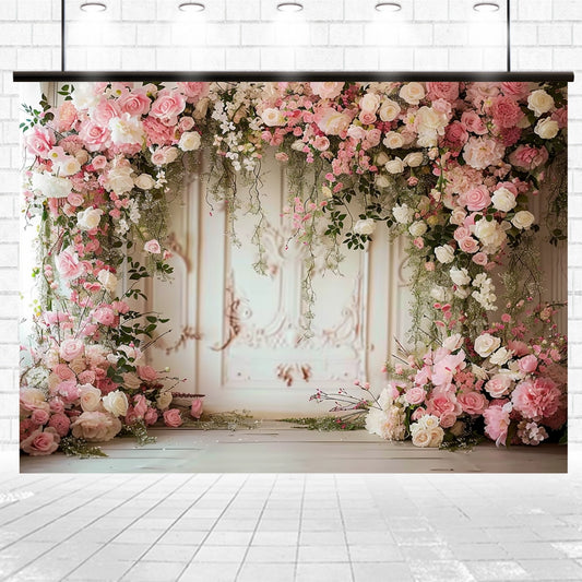 A floral enchantment features an archway with an assortment of pink and white roses and lush greenery, standing gracefully against an ornate white wall. The floor, covered in gray tiles, complements this stunning array of high-definition flowers perfectly. The Romantic Wedding Bridal Floral Wall Backdrop by ideasbackdrop is the perfect addition to complete the scene.