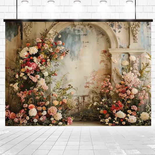 A floral backdrop showcasing floral elegance with a variety of flowers, including roses and peonies, arranged in front of an ornate archway against a rustic, weathered wall. The high-definition detail brings every petal to life with the Romantic Wedding Bridal Shower Flower Backdrop -ideasbackdrop by ideasbackdrop.