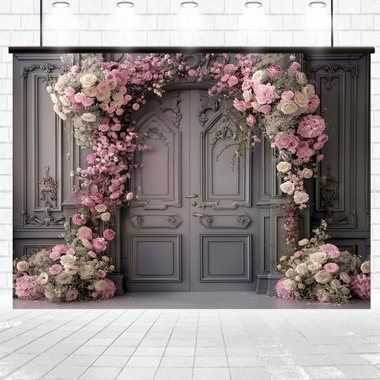 Intricately decorated door with pink and white flower arrangements displaying floral elegance. Romantic Wedding Door Rose Flower Backdrop - ideasbackdrop (by ideasbackdrop).
