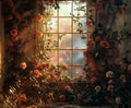 A sunlit window is adorned with abundant blooming roses, casting warm light and shadows into a room filled with lush greenery, creating a perfect Romantic Wedding Photography Floral Backdrop -ideasbackdrop by ideasbackdrop.