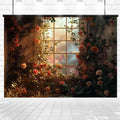 A large window surrounded by blooming pink and red roses with sunlight streaming through, creating the perfect Romantic Wedding Photography Floral Backdrop -ideasbackdrop for weddings or photo shoots.