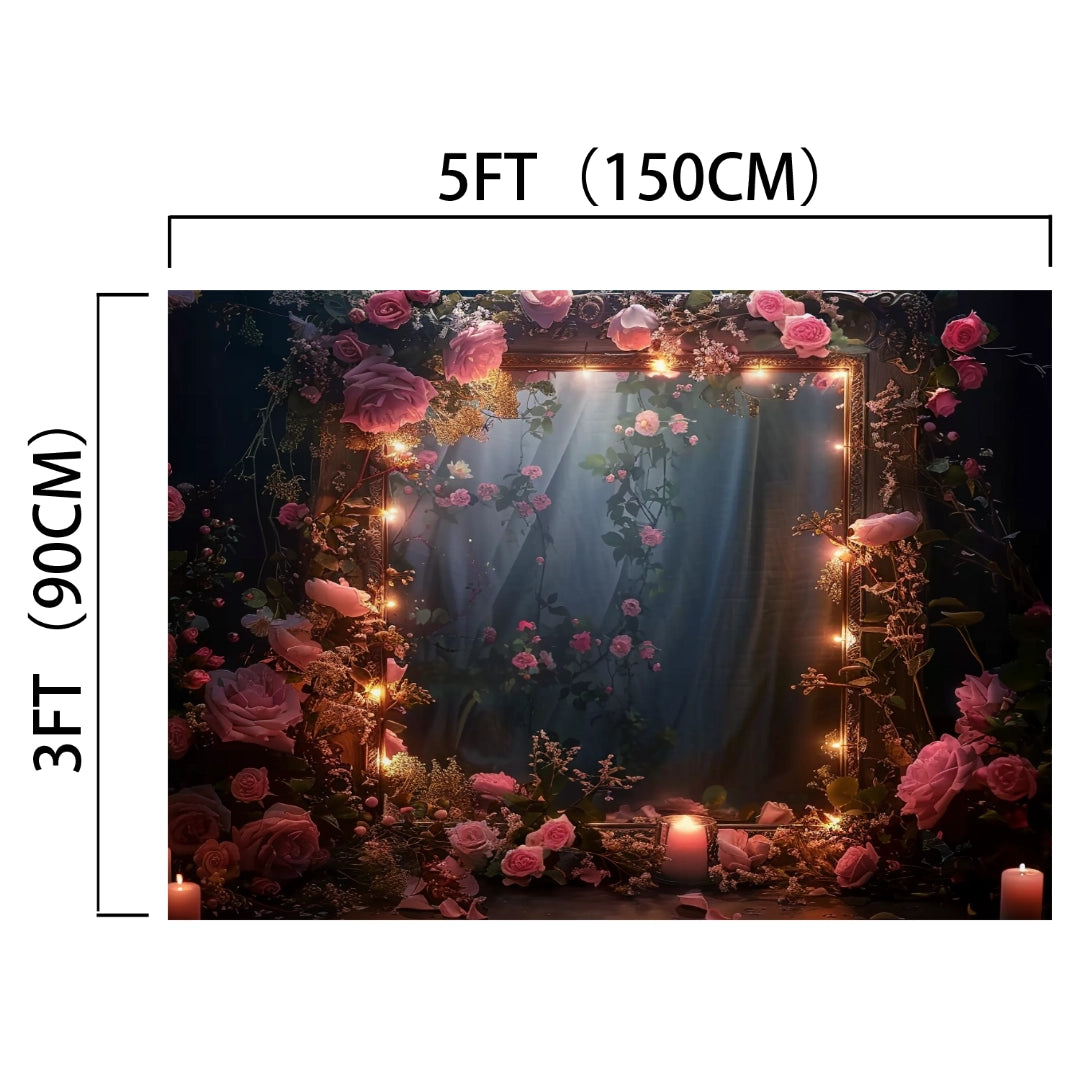 A Romantic Bridal Shower Flower Backdrop -ideasbackdrop, measuring 5ft (150cm) by 3ft (90cm), adorned with pink roses, leafy vines, hanging lights, and candles at the base. Perfect for weddings and professional photo shoots.