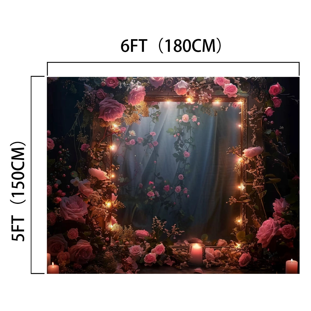 A mirror surrounded by flowers and illuminated by string lights measuring 6 feet by 5 feet (180 cm by 150 cm), perfect for professional photo shoots or weddings with its Romantic Bridal Shower Flower Backdrop -ideasbackdrop.