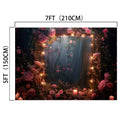 A decorative rectangular frame measuring 7 feet by 5 feet, adorned with pink flowers and surrounded by lit candles, perfect for weddings or professional photo shoots seeking an ideasbackdrop Romantic Bridal Shower Flower Backdrop.