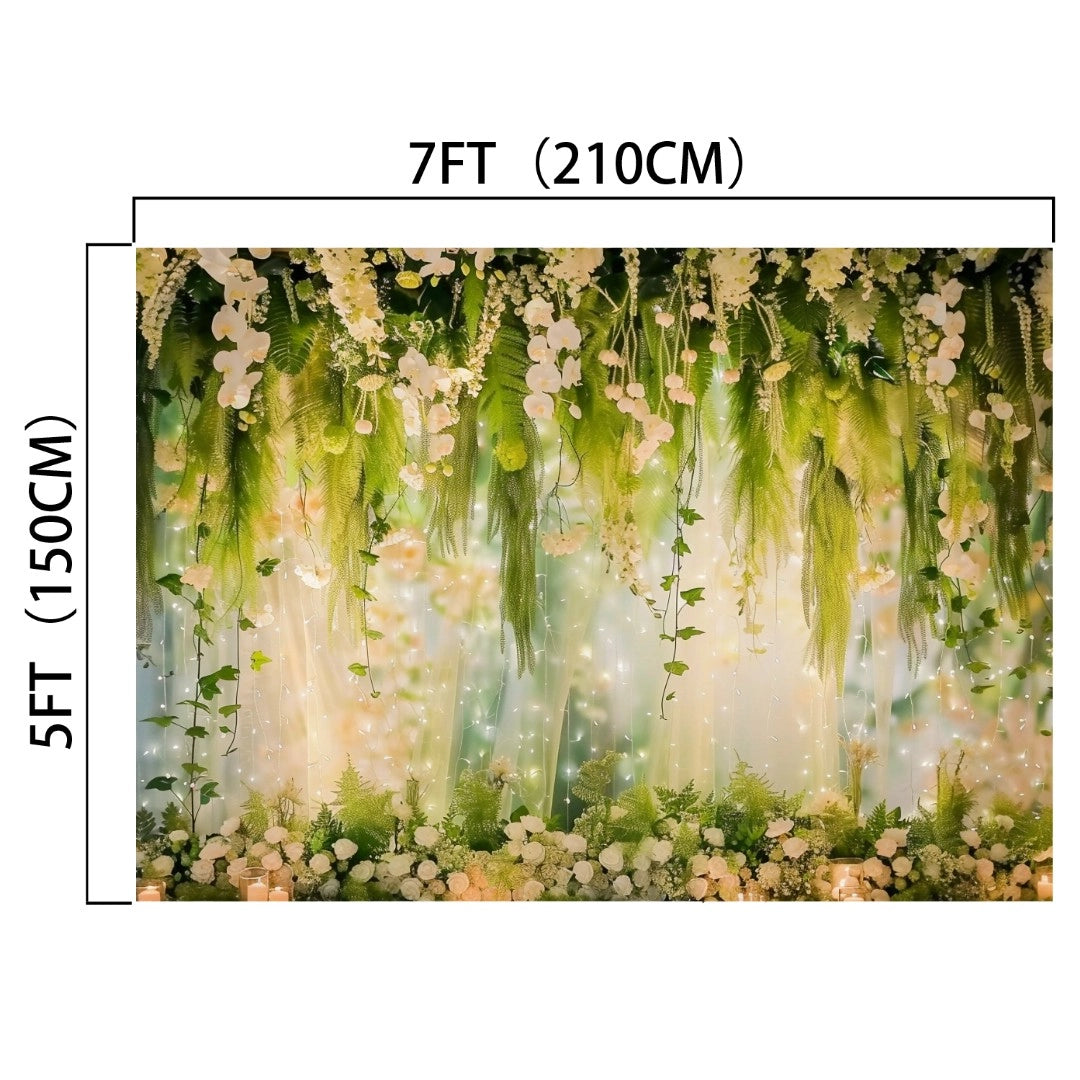 A decorative event decor backdrop measuring 7 feet by 5 feet, featuring hanging green foliage and white flowers against a softly lit background. This Romantic Floral Weddings Photography Backdrop -ideasbackdrop captures the essence of floral splendor, perfect for any occasion.