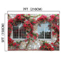 A stone wall featuring two arched windows and covered in climbing red flowers, perfect for studio photography. The dimensions indicated are 7 feet (210 cm) wide and 5 feet (150 cm) tall, offering realistic window views. This Romantic Red Blossom Flower House Windows Backdrop-ideasbackdrop adds a touch of charming rustic elegance to any setting.