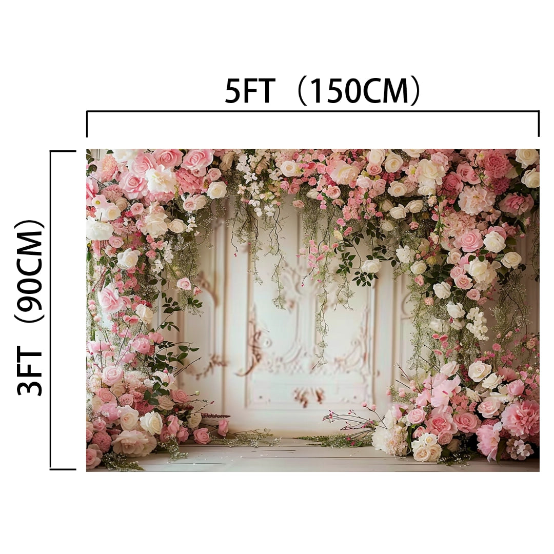 ideasbackdrop's Romantic Wedding Bridal Floral Wall Backdrop measuring 5ft by 3ft (150cm by 90cm) with pink and white flowers arranged in an arch shape, perfect for photo shoots or adding a touch of floral enchantment to your space.