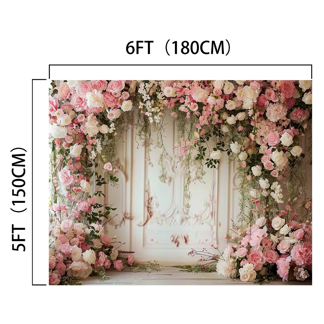 Photo backdrop featuring an arrangement of pink, white, and peach roses with green foliage, measuring 6 feet by 5 feet (180 cm by 150 cm). This **Romantic Wedding Bridal Floral Wall Backdrop - ideasbackdrop** adds floral enchantment to your photo shoots with its vibrant colors against a decorative white wall.