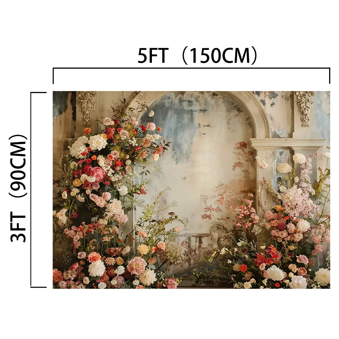 A visually stunning landscape, this Romantic Wedding Bridal Shower Flower Backdrop -ideasbackdrop by ideasbackdrop measures 5ft (150cm) by 3ft (90cm) and features a decorative arch adorned with a mix of various flowers in multiple vibrant colors.