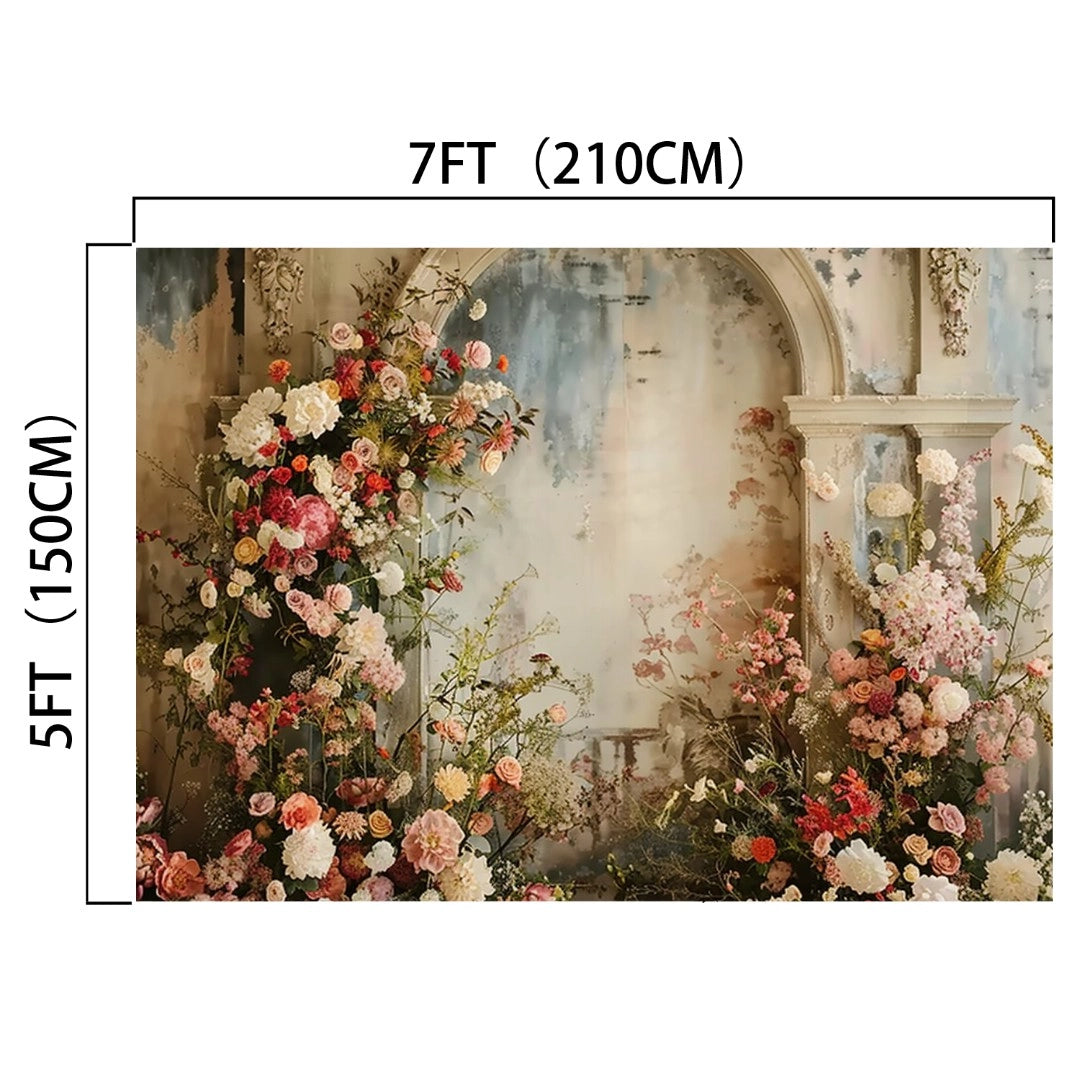 A backdrop measuring 7 feet by 5 feet, adorned with an ideasbackdrop Romantic Wedding Bridal Shower Flower Backdrop of colorful flowers and green foliage against an ornate wall setting.