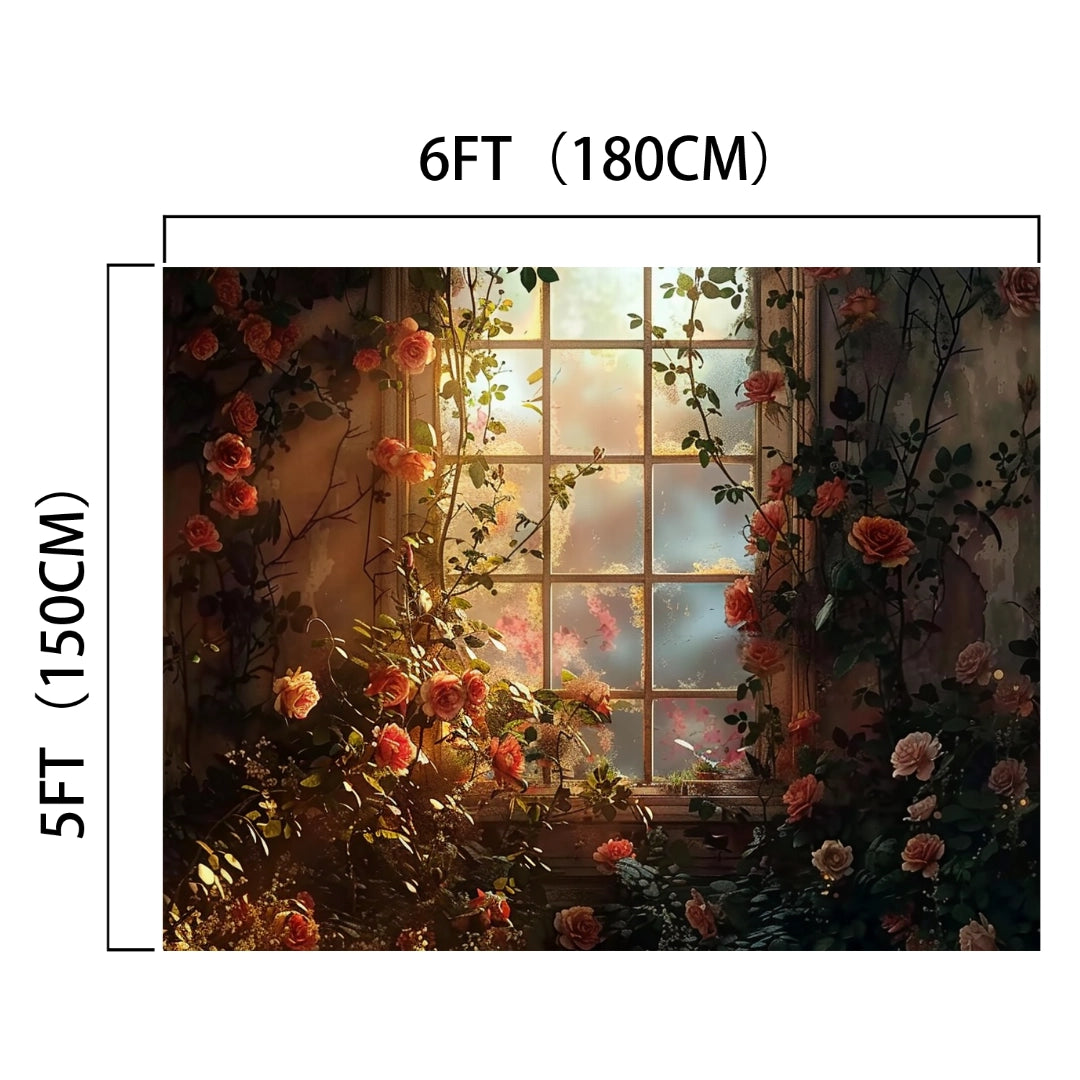 A 6FT by 5FT window adorned with climbing roses on both sides and sunlight streaming through creates a Romantic Wedding Photography Floral Backdrop - ideasbackdrop perfect for photo shoots and weddings.