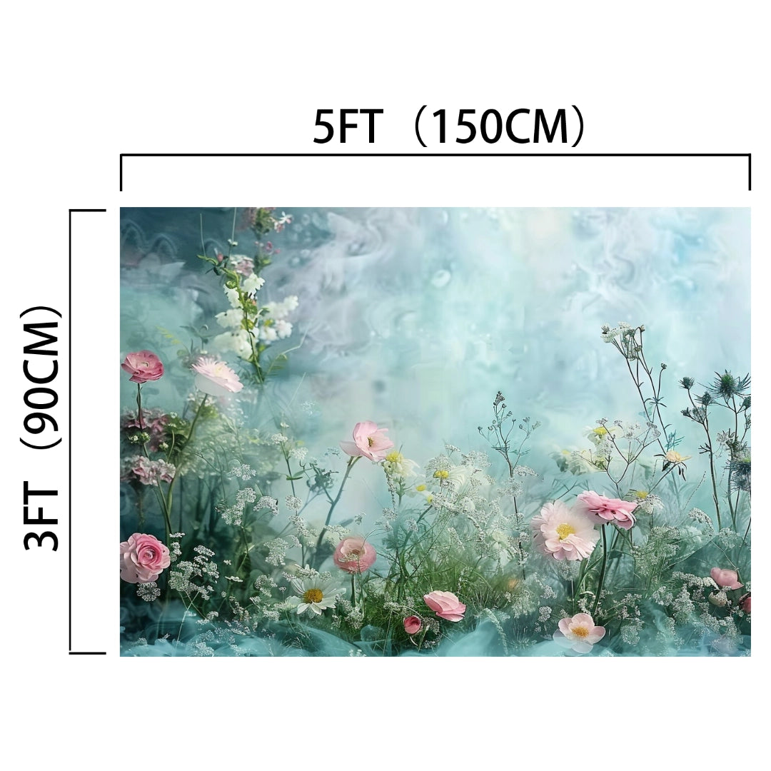 Backdrop measuring 5 feet by 3 feet (150 cm by 90 cm) featuring a misty background with pink and white flowers and greenery, enhanced with high-definition detail for a sophisticated natural flair - Romantic Wedding Photography Flower Backdrop - ideasbackdrop by ideasbackdrop.