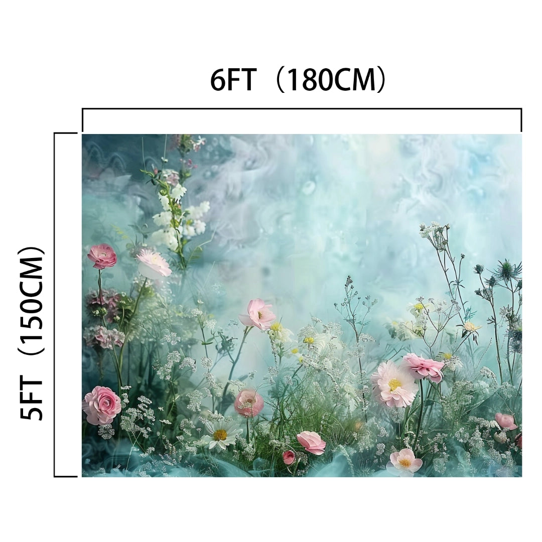 A sophisticated natural flair shines through this Romantic Wedding Photography Flower Backdrop - ideasbackdrop, measuring 6 feet (180 cm) wide and 5 feet (150 cm) tall. It features pink and white flowers against a misty, light blue background, offering high-definition detail that captivates any setting.