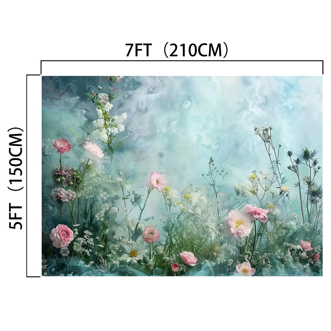 A backdrop measuring 7 feet by 5 feet featuring delicate flowers in shades of pink, white, and yellow against a dreamy, blurred blue and green background. This Romantic Wedding Photography Flower Backdrop -ideasbackdrop by ideasbackdrop offers high-definition detail that adds a sophisticated natural flair to any setting.
