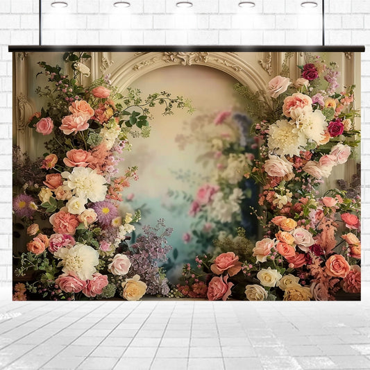 A stunning ideasbackdrop Rose Background Bridal Shower Flower Backdrop showcases floral beauty with various colorful flowers arranged around an ornate frame, set against a tiled floor and a white brick wall. Perfect for professional photo shoots, the blurred background adds depth to the vibrant display.