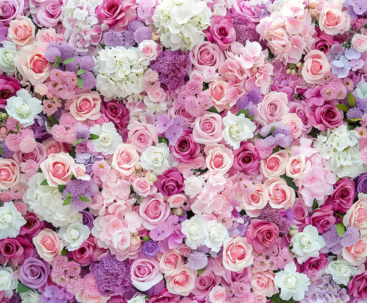 A dense arrangement of various pink, white, and purple flowers, including roses, hydrangeas, and carnations, creating a romantic atmosphere perfect for elegant receptions is beautifully captured in the Mother's Day Flower Photography Rose Floral Backdrop by ideasbackdrop.