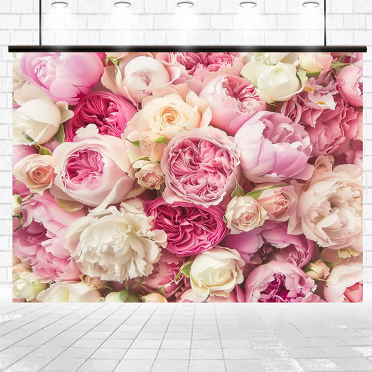 A stunning Rose Spring Floral Mother Day Floral Backdrop -ideasbackdrop featuring an arrangement of pink, white, and peach peonies is displayed against a white brick wall—perfect for weddings and photo shoots.