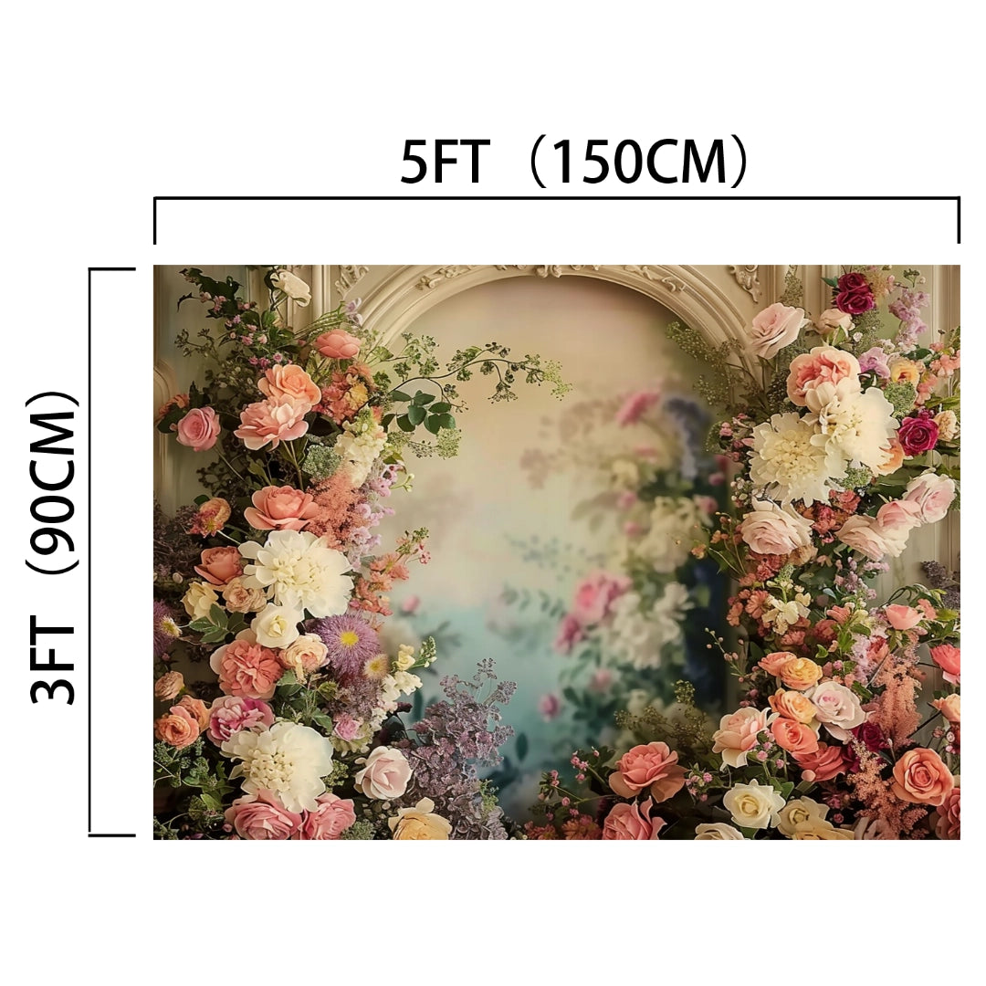 A stunning **Rose Background Bridal Shower Flower Backdrop -ideasbackdrop** measuring 5 feet (150 cm) in width and 3 feet (90 cm) in height, adorned with various flowers in shades of pink, white, and purple, framed by an arch. Ideal for professional photo shoots at weddings by **ideasbackdrop**.