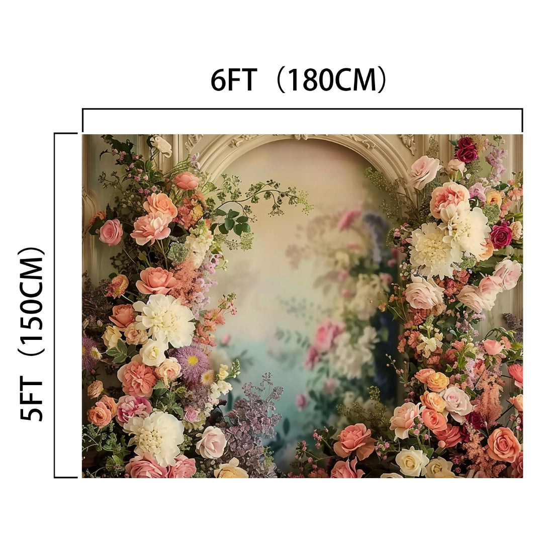 A 6ft by 5ft ideasbackdrop Rose Background Bridal Shower Flower Backdrop featuring an archway adorned with colorful roses and hydrangeas, set against a soft, blurred background. Perfect for professional photo shoots or weddings. Measurements in feet and centimeters are shown.