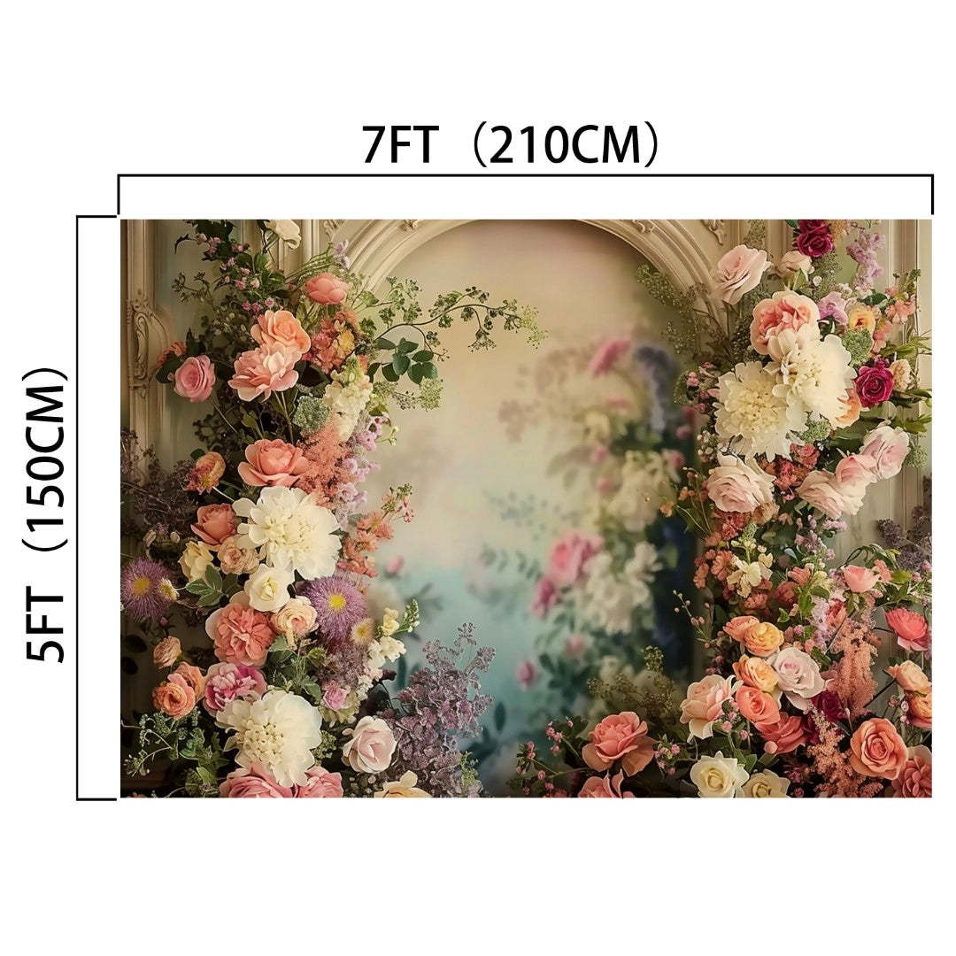 A decorative floral archway with various colorful flowers, measuring 7 feet (210 cm) wide and 5 feet (150 cm) tall—a perfect Rose Background Bridal Shower Flower Backdrop -ideasbackdrop for professional photo shoots and enchanting weddings.