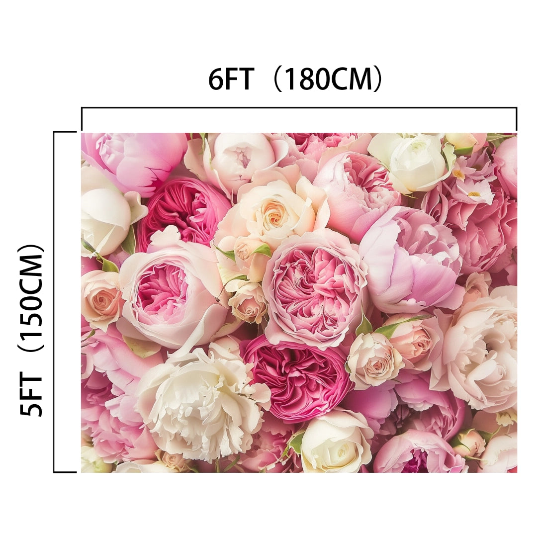 A stunning Rose Spring Floral Mother Day Floral Backdrop -ideasbackdrop featuring various shades of pink and white flowers. Perfect for weddings or photo shoots, it measures 6 feet (180 cm) by 5 feet (150 cm).
