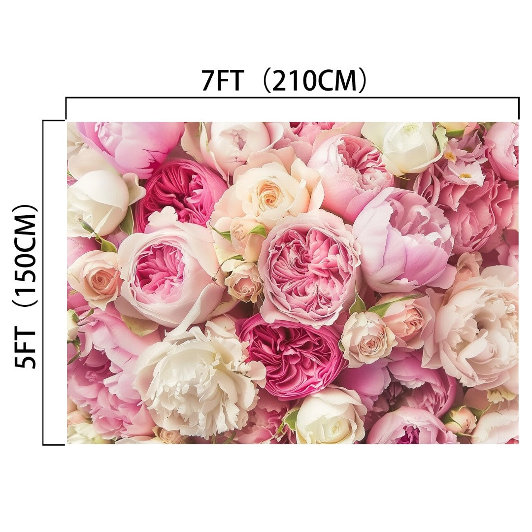A beautiful Rose Spring Floral Mother Day Floral Backdrop -ideasbackdrop featuring pink, white, and cream flowers, perfect for weddings or photo shoots. Measuring 7FT (210CM) wide and 5FT (150CM) tall.